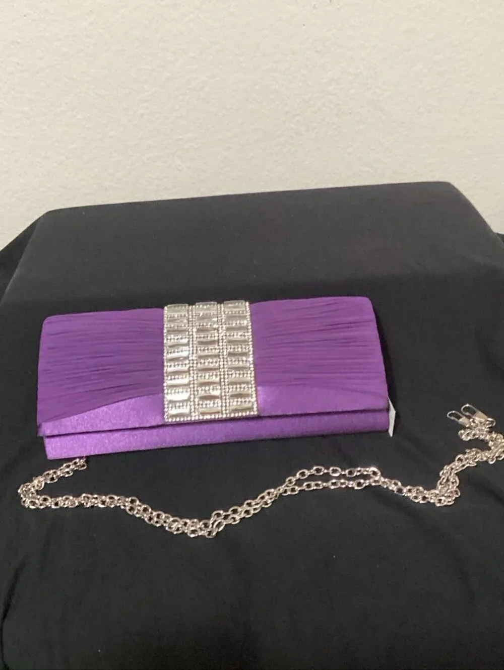 Purple Satin Evening Clutch with Rhinestone Accent